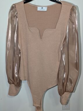 Tan Knit Bodysuit with Sheer Puff Sleeves